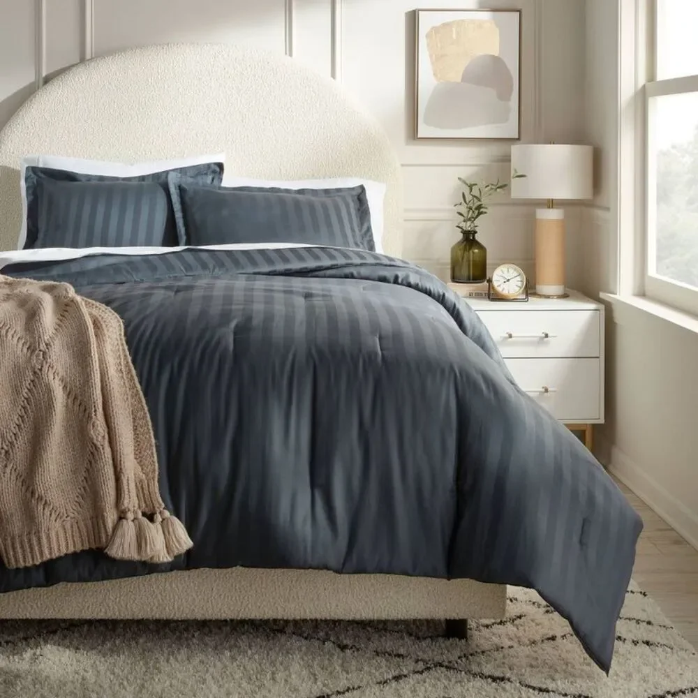3pc King Luxe 300TC Striped Damask Cotton Comforter Set - Slate Blue